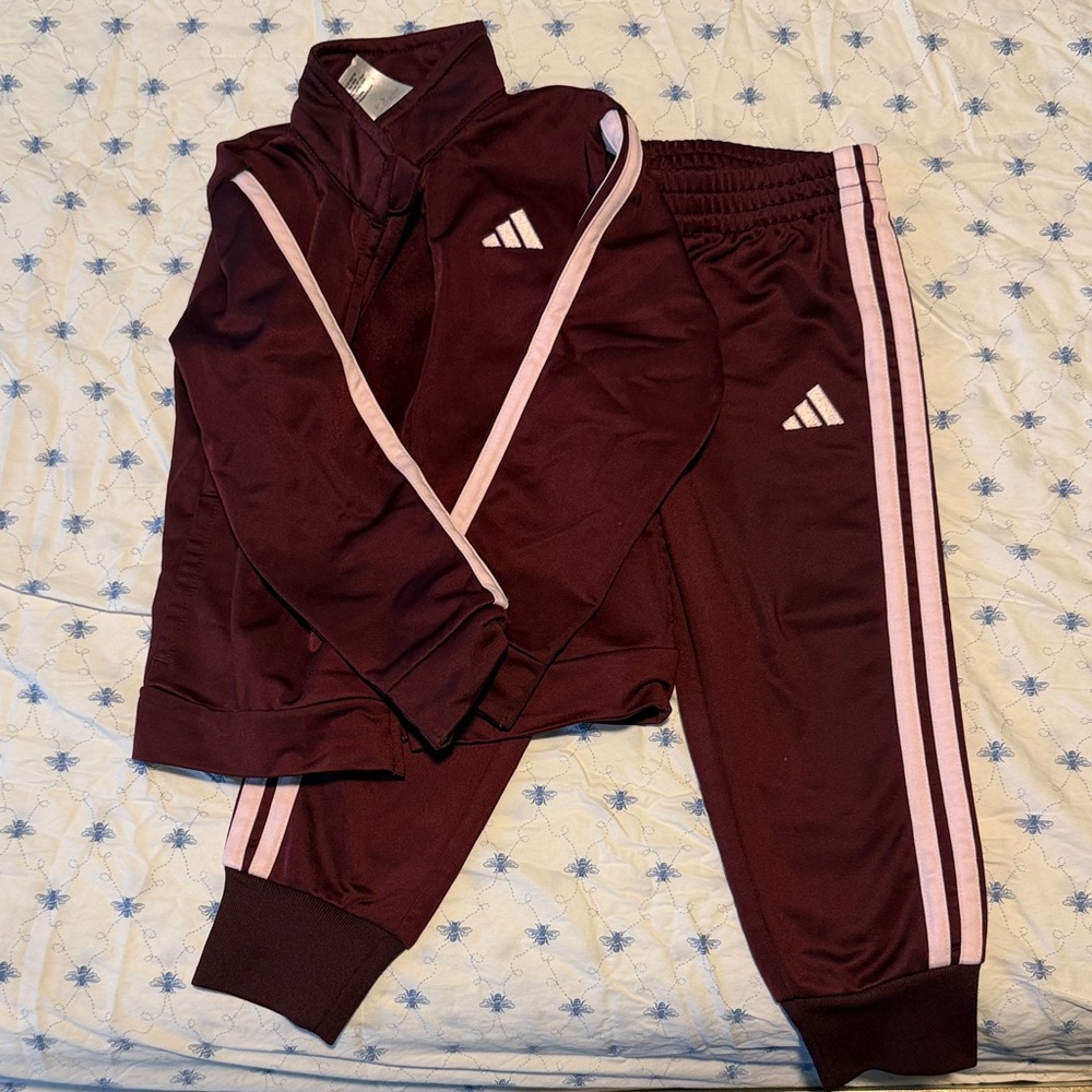adidas Maroon Kids Sweatpants & Jacket with Pink Stripes